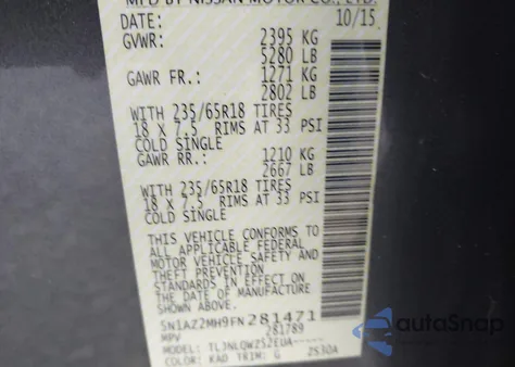 2015 Nissan Murano Sv z USA, uszkodzony, nr VIN 5N1AZ2MH9FN281471